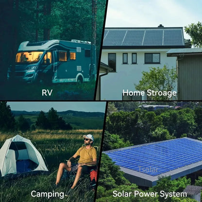 Use cases collage: RV, home storage, camping, and solar power system installations