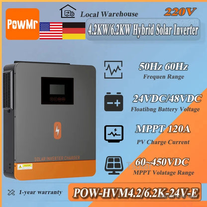 PowMr 4.2KW/6.2KW hybrid solar inverter infographic with 220V, MPPT 120A, 60-450VDC, 24/48VDC