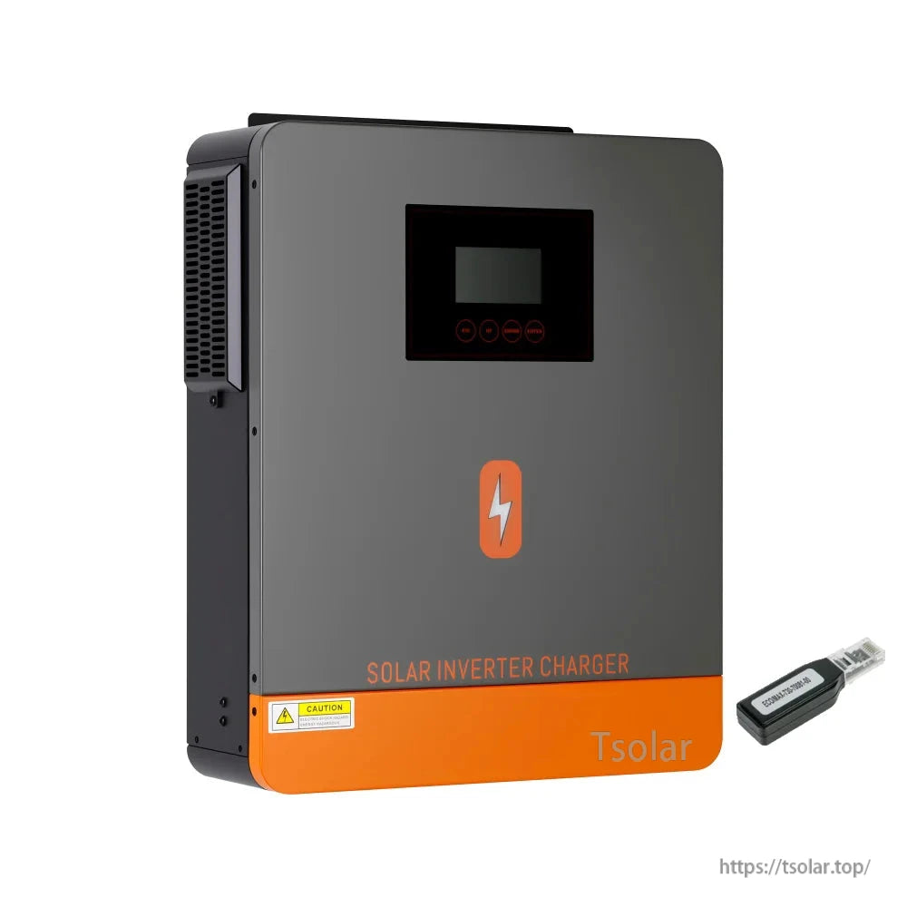 PowMr POW-HVM series hybrid solar inverter front view with display keypad, includes USB/communication cable