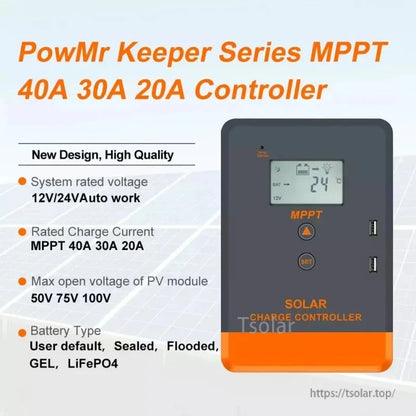 Feature list graphic for PowMr Keeper Series MPPT controller showing 12/24V auto and supported battery types