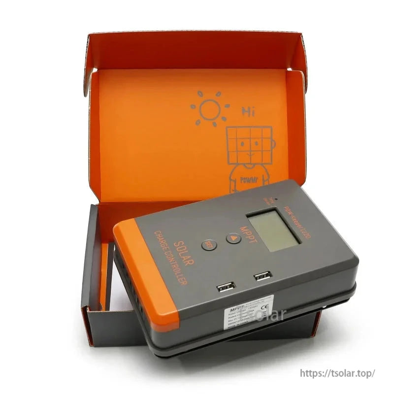 POW-Keeper MPPT solar charge controller shown in retail box packaging, lid open