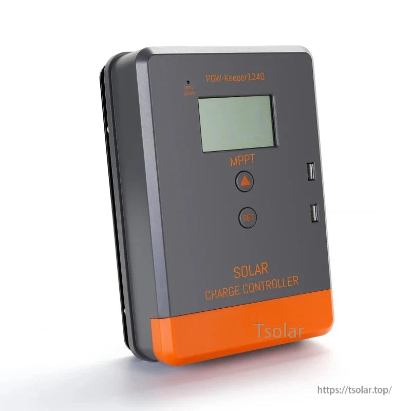 Side angle view of POW-Keeper 1240 solar charge controller showing slim housing and front USB ports