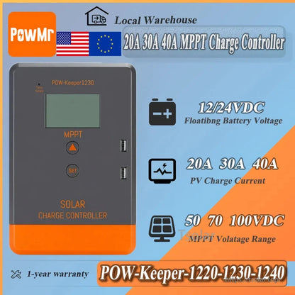 Specification graphic for POW-Keeper 1220/1230/1240 MPPT charge controller, 12/24V and 20A/30A/40A listed