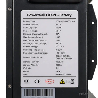 Specification label close-up for Power Wall LiFePO4 battery POW-LIO48100-16S with electrical ratings and icons