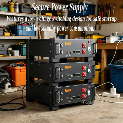 Use case photo of stacked PowMr battery modules in a workshop/garage setting with power cables connected