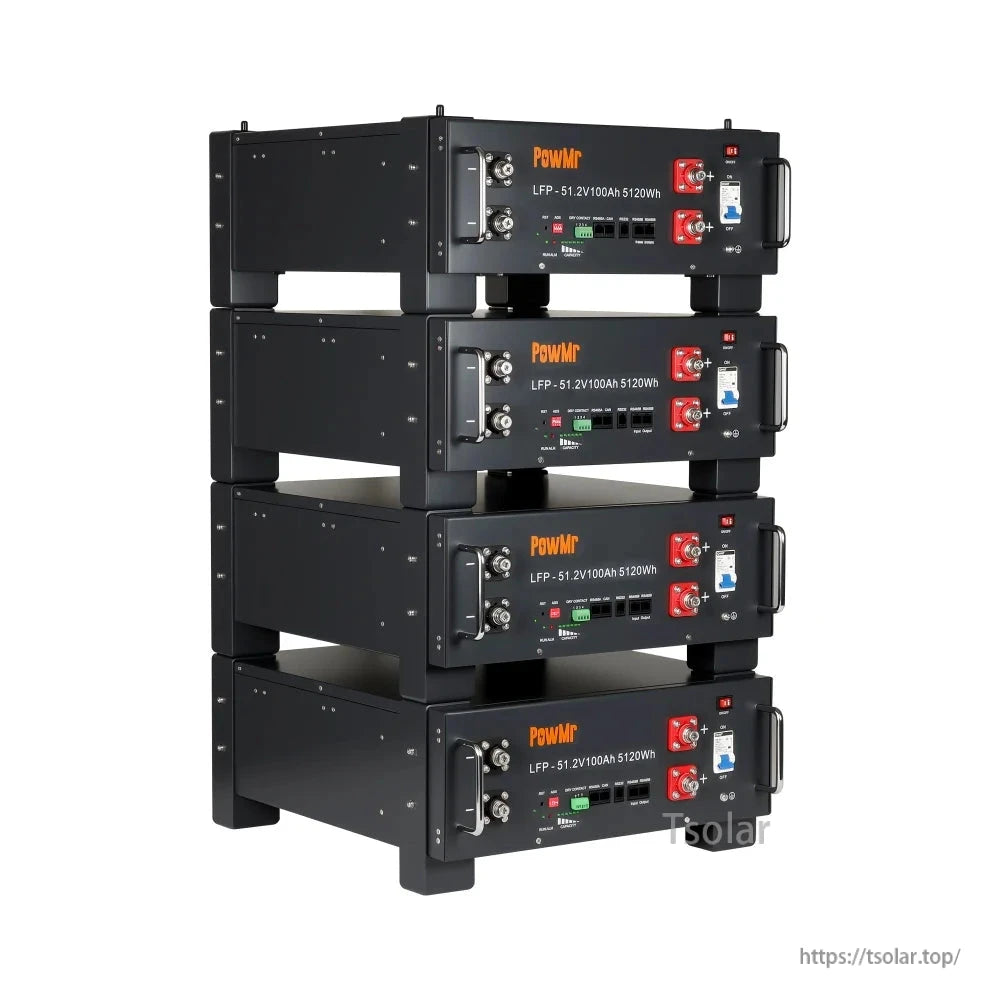 Four PowMr battery modules stacked, angled view highlighting side panels and front connection terminals