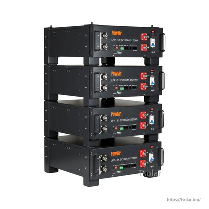 Four PowMr battery modules stacked, angled view highlighting side panels and front connection terminals