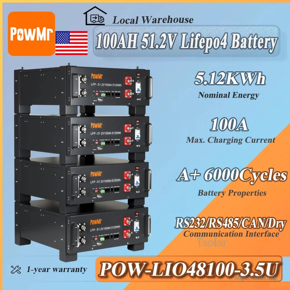 PowMr POW-LIO48100-3.5U LiFePO4 Battery infographic with 51.2V 100Ah, 5.12kWh, 100A and RS232/RS485/CAN/Dry