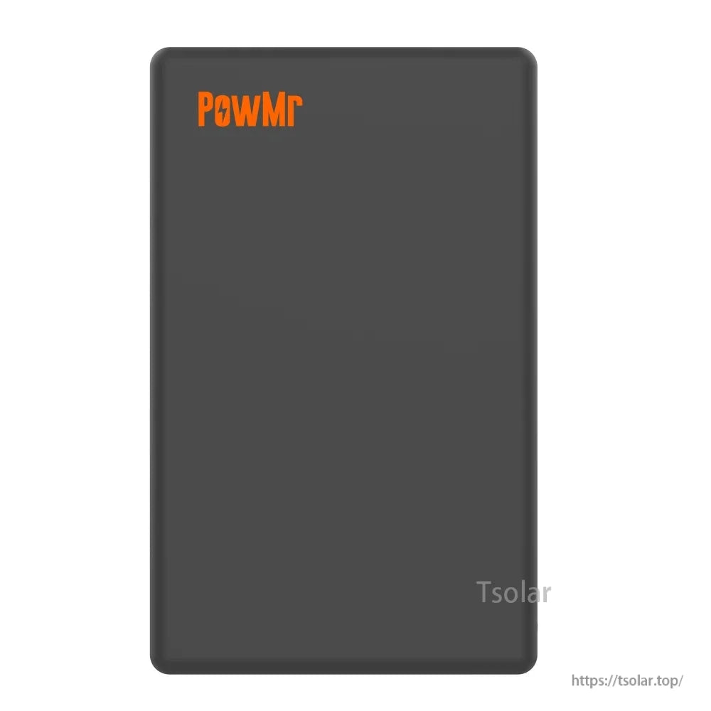 PowMr battery front-facing view on white background, compact rectangular enclosure