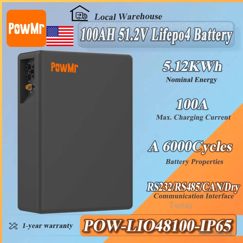 PowMr POW-LIO48100-IP65 battery specs graphic: 51.2V 100Ah, 5.12kWh, 100A, RS232/RS485/CAN