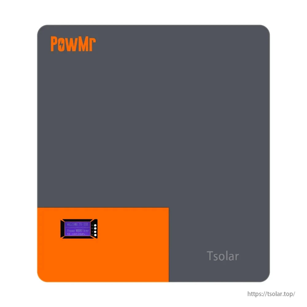 Straight-on front view of PowMr wall-mount battery with orange lower panel and small LCD display