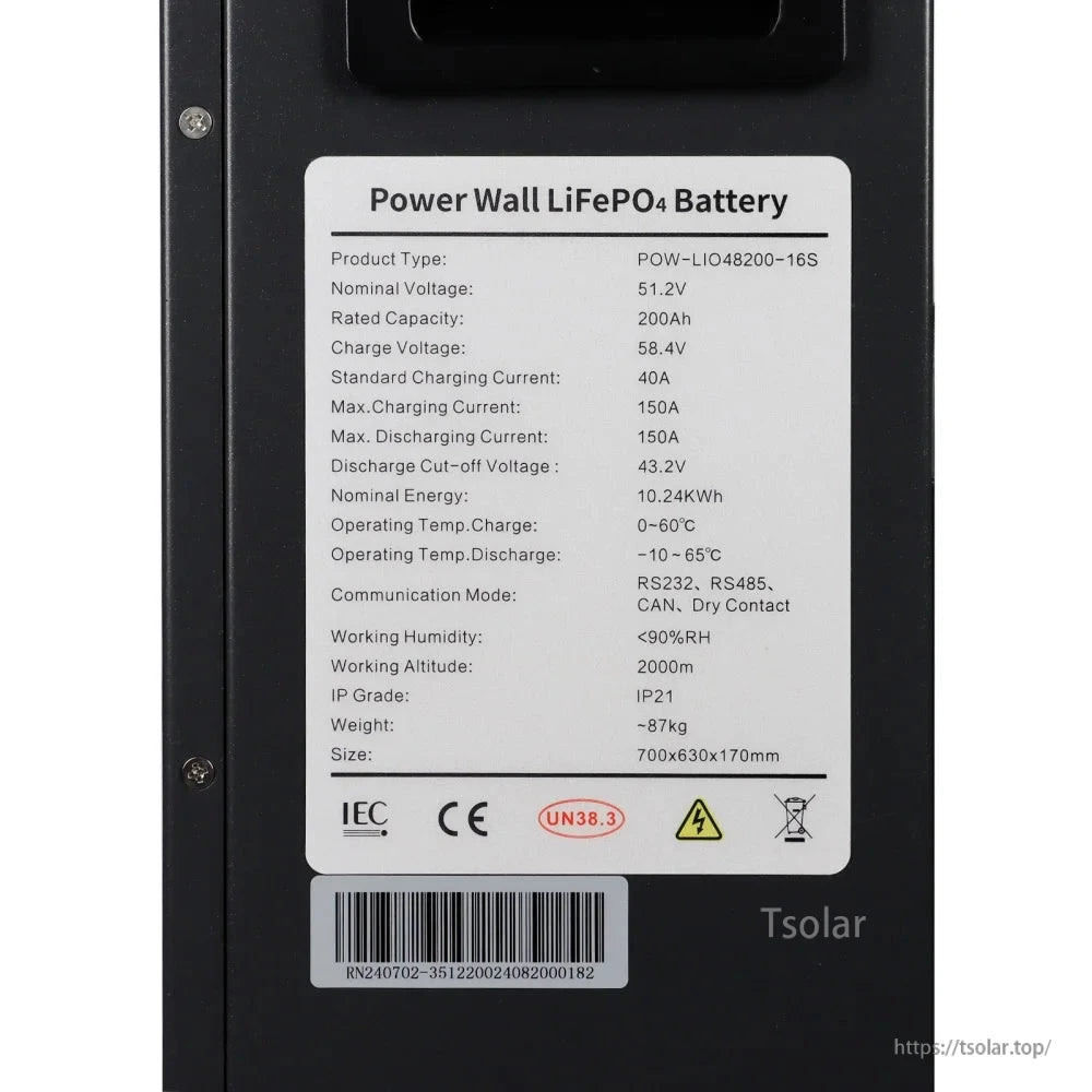 Specification label close-up for PowMr POW-LIO48200-16S battery with voltage, capacity, energy, and interfaces