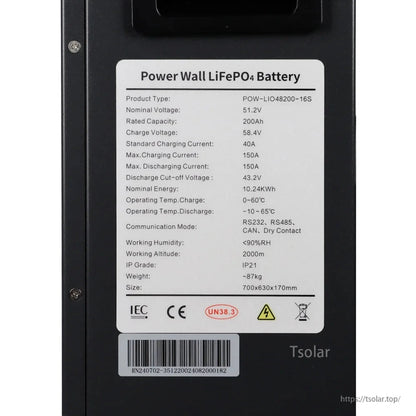 Specification label close-up for PowMr POW-LIO48200-16S battery with voltage, capacity, energy, and interfaces