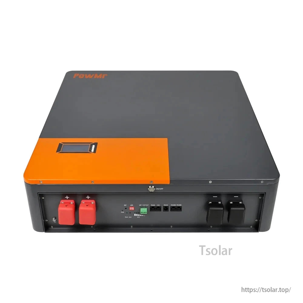 Front panel view of 51.2V 200Ah PowMr LiFePO4 battery with power terminals, communication ports, and breakers