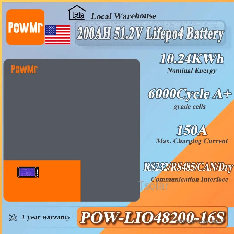 Product infographic listing 200Ah 51.2V LiFePO4, 10.24kWh, 6000 cycles, 150A, POW-LIO48200-16S