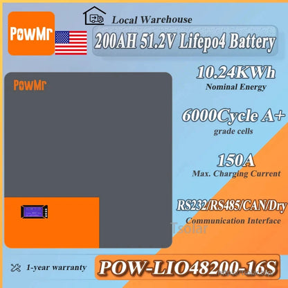 Product infographic listing 200Ah 51.2V LiFePO4, 10.24kWh, 6000 cycles, 150A, POW-LIO48200-16S