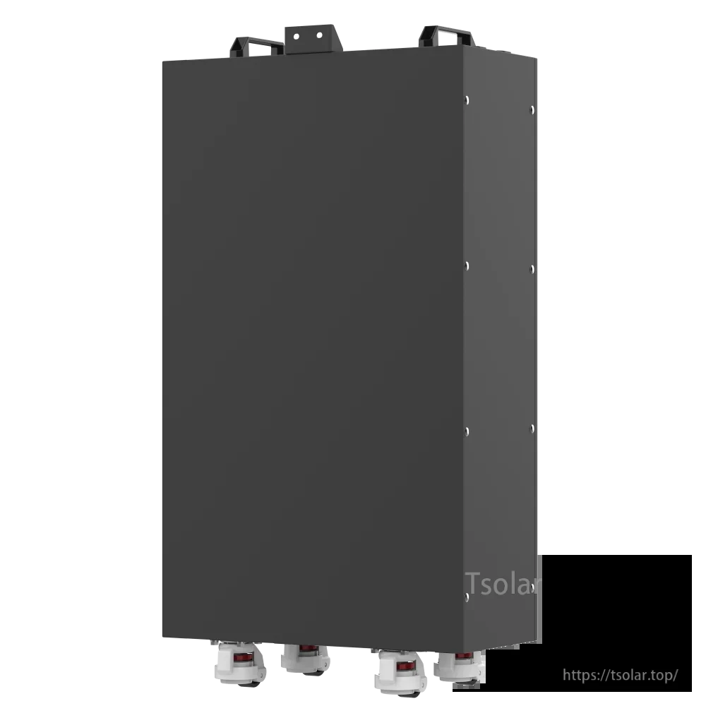 PowMr POW-LIO48300-IP65 battery enclosure, rear angled view with bottom cable glands and handles