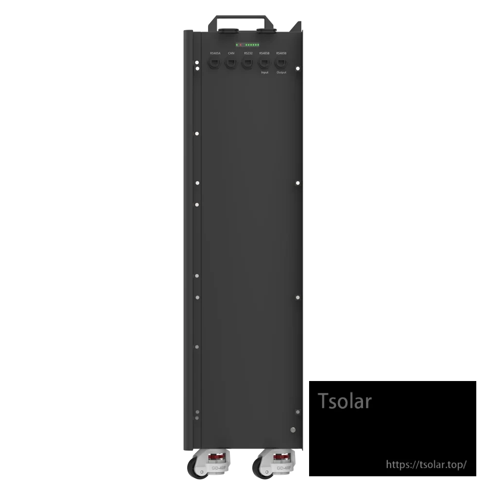 Side panel view with top status indicators and communication ports on PowMr POW-LIO48300-IP65 battery