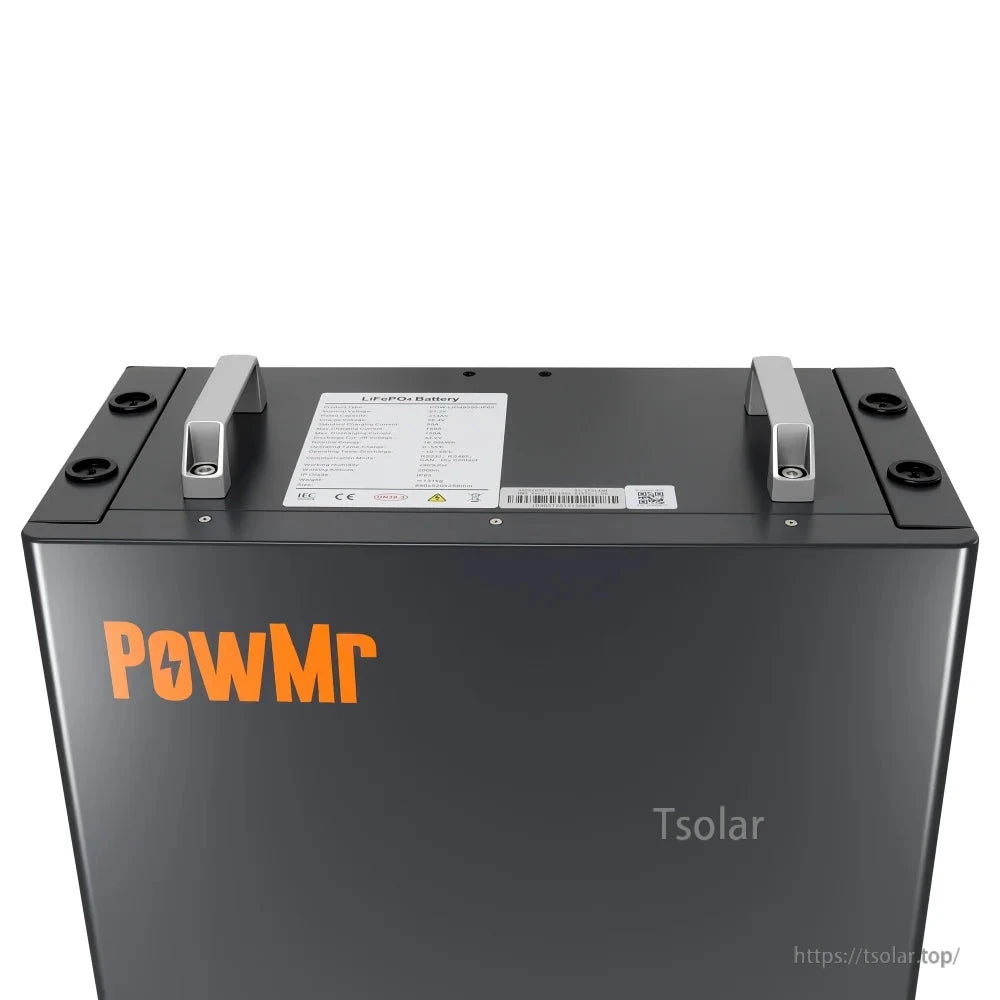 Top view close-up of PowMr battery showing carry handles and specification label plate