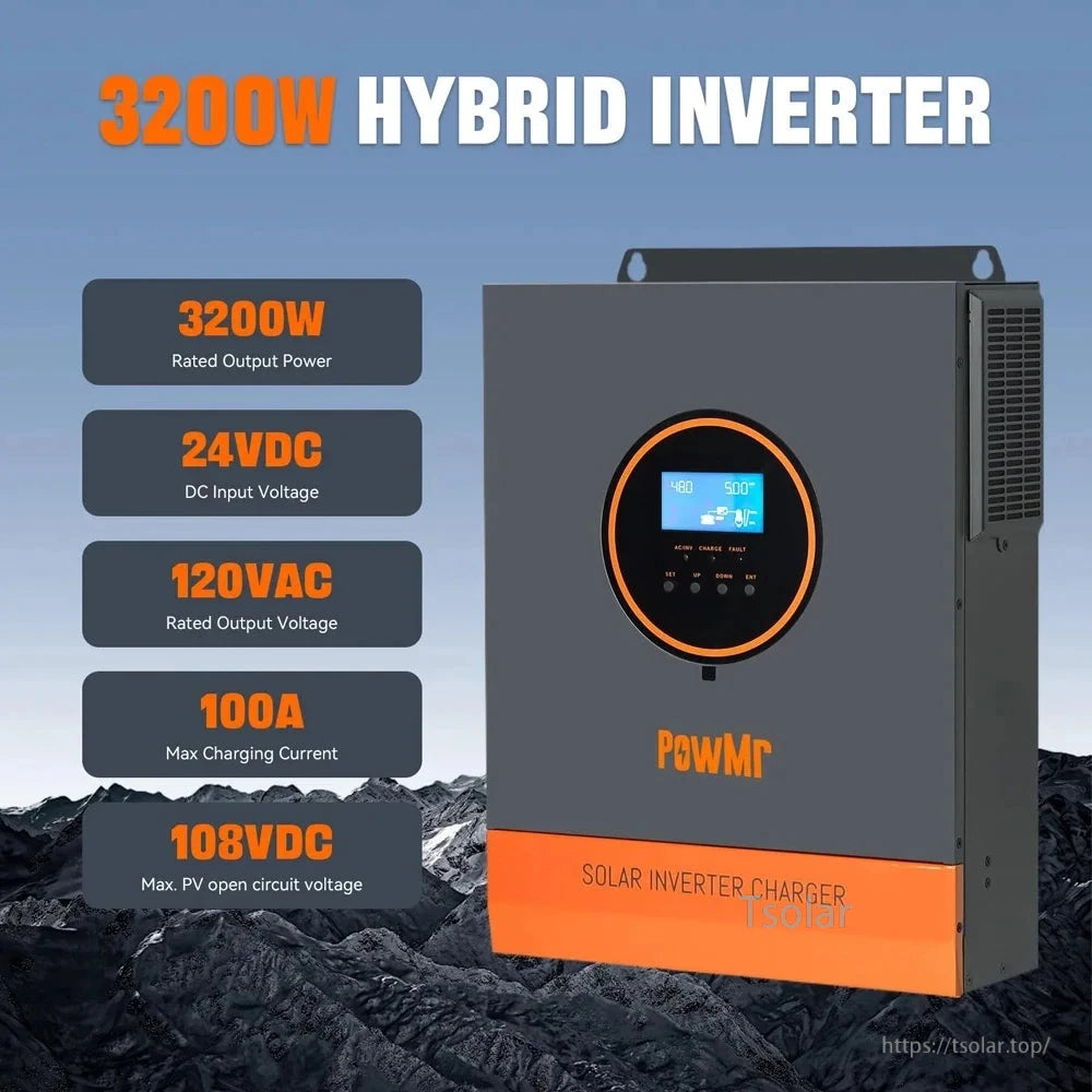 3200W hybrid inverter infographic with rated power, 24VDC input, 120VAC output, 100A charge, 108VDC PV max