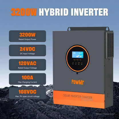 3200W hybrid inverter infographic with rated power, 24VDC input, 120VAC output, 100A charge, 108VDC PV max