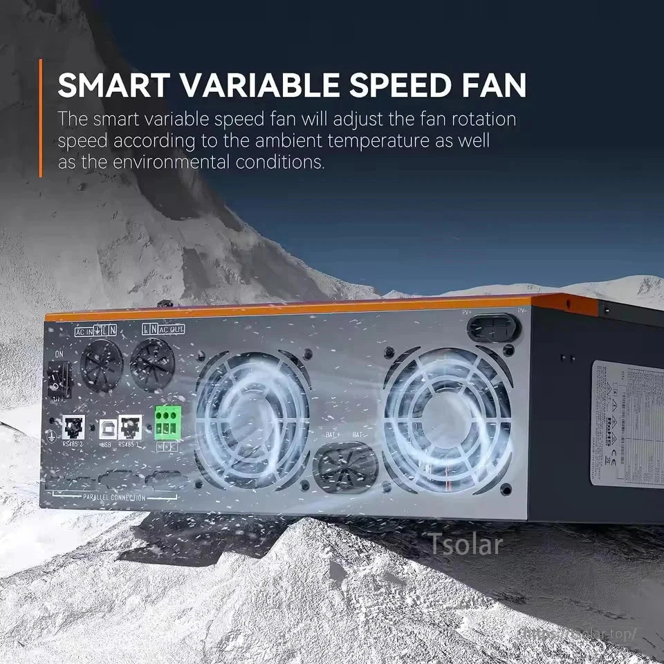 Rear panel view showing cooling fans, terminal blocks, communication ports, and side specification label