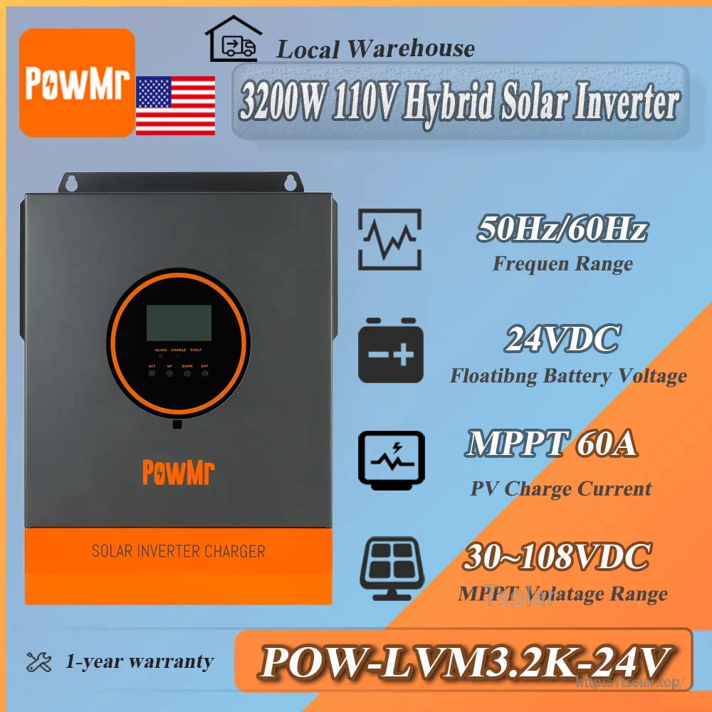 PowMr POW-LVM3.2K-24V hybrid solar inverter graphic showing 3200W, 24VDC, MPPT 60A and 30–108VDC PV