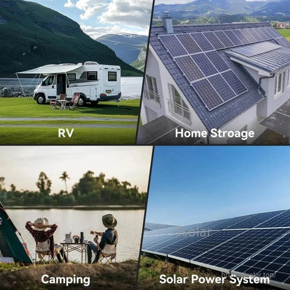 Use case collage showing RV, home storage rooftop solar, camping setup, and solar power system panels