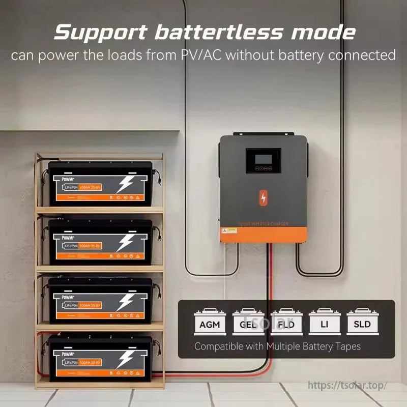 Batteryless mode wiring diagram with inverter and stacked battery packs, notes PV/AC power loads