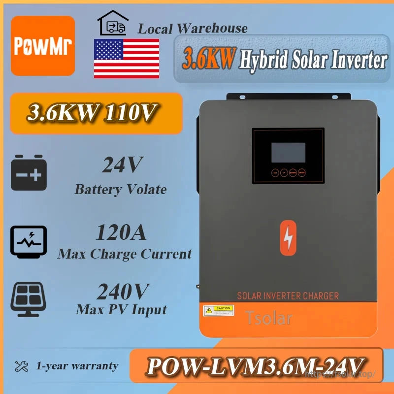 PowMr POW-LVM3.6M-24V 3.6KW hybrid solar inverter spec graphic showing 24V battery and 120A charge