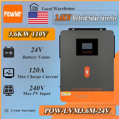 PowMr POW-LVM3.6M-24V 3.6KW hybrid solar inverter spec graphic showing 24V battery and 120A charge