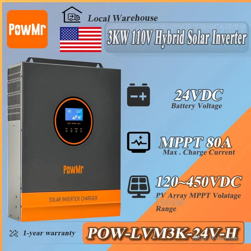 PowMr POW-LVM3K-24V-H hybrid solar inverter graphic showing 24V battery and MPPT 80A features