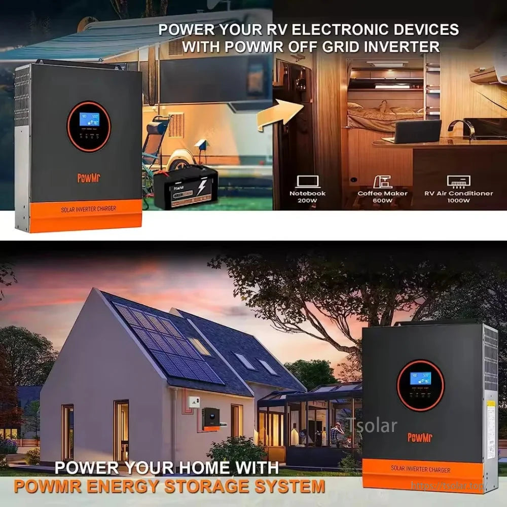 Off-grid inverter use case graphic for RV and home solar energy storage system installation