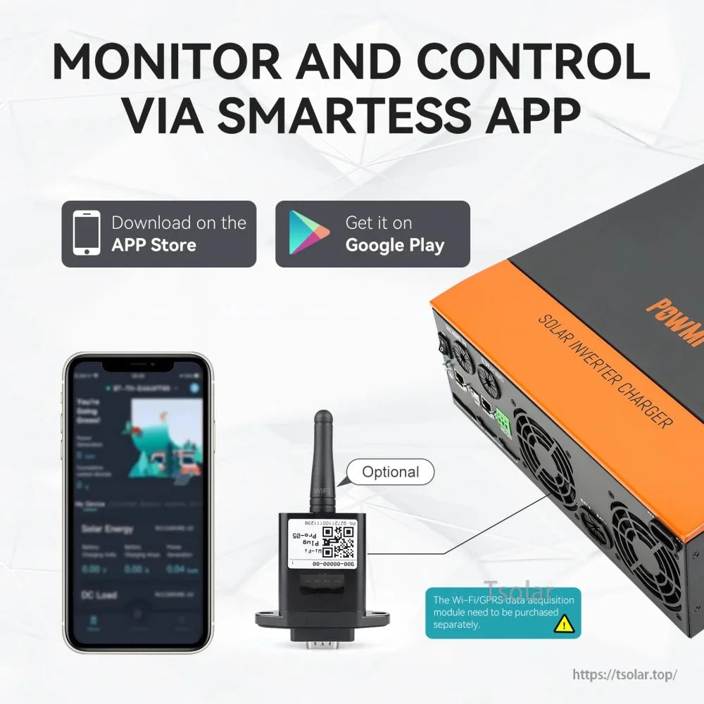 SmartESS app monitoring graphic with phone screen, optional WiFi module, and inverter side view