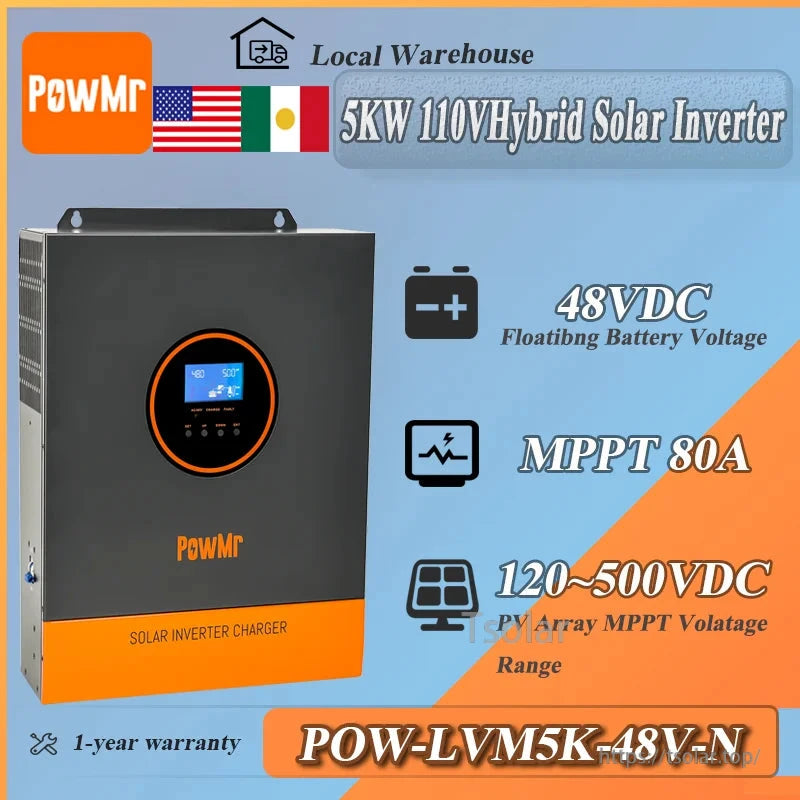 PowMr POW-LVM5K-48V-N hybrid solar inverter feature graphic: 5kW 110V, 48VDC, MPPT 80A, 120–500VDC