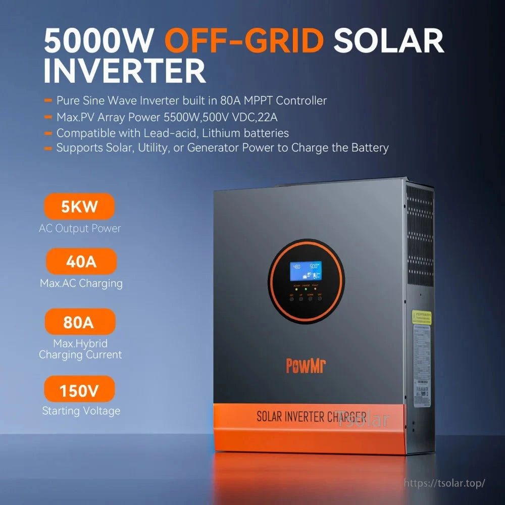 5000W off-grid solar inverter infographic showing key features and supported battery types