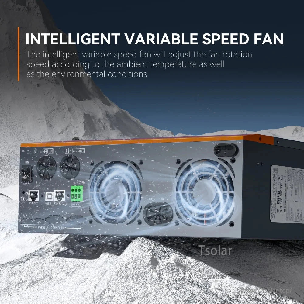 Rear connection panel with cooling fans, AC input/output terminals, PV input, battery terminals and ports