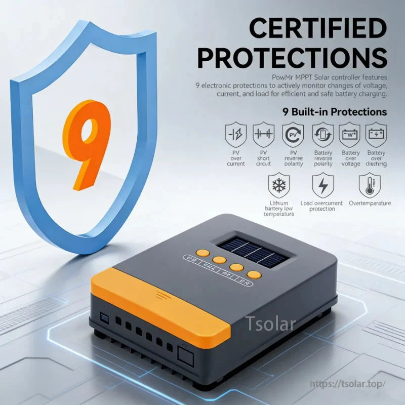 Certified protections graphic showing 9 built-in protections icons for PowMr MPPT solar charge controller