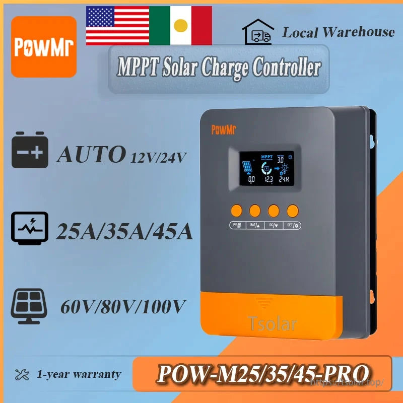 Feature graphic for PowMr MPPT solar charge controller: 12V/24V auto, 25A/35A/45A, max PV 60V/80V/100V