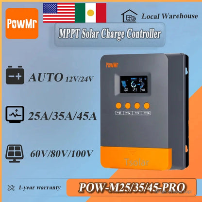 Feature graphic for PowMr MPPT solar charge controller: 12V/24V auto, 25A/35A/45A, max PV 60V/80V/100V