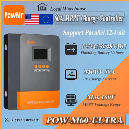 PowMr POW-M60-ULTRA 60A MPPT charge controller infographic showing 12/24/36/48V and max 160V PV