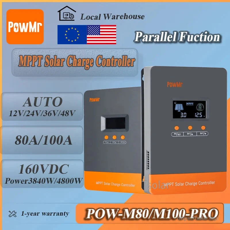 PowMr POW-M80/M100-PRO MPPT solar charge controller graphic showing 12–48V auto, 80A/100A, 160V PV