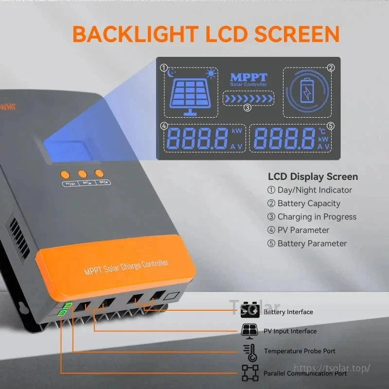 Backlight LCD screen indicators and connection ports diagram for PowMr MPPT solar charge controller