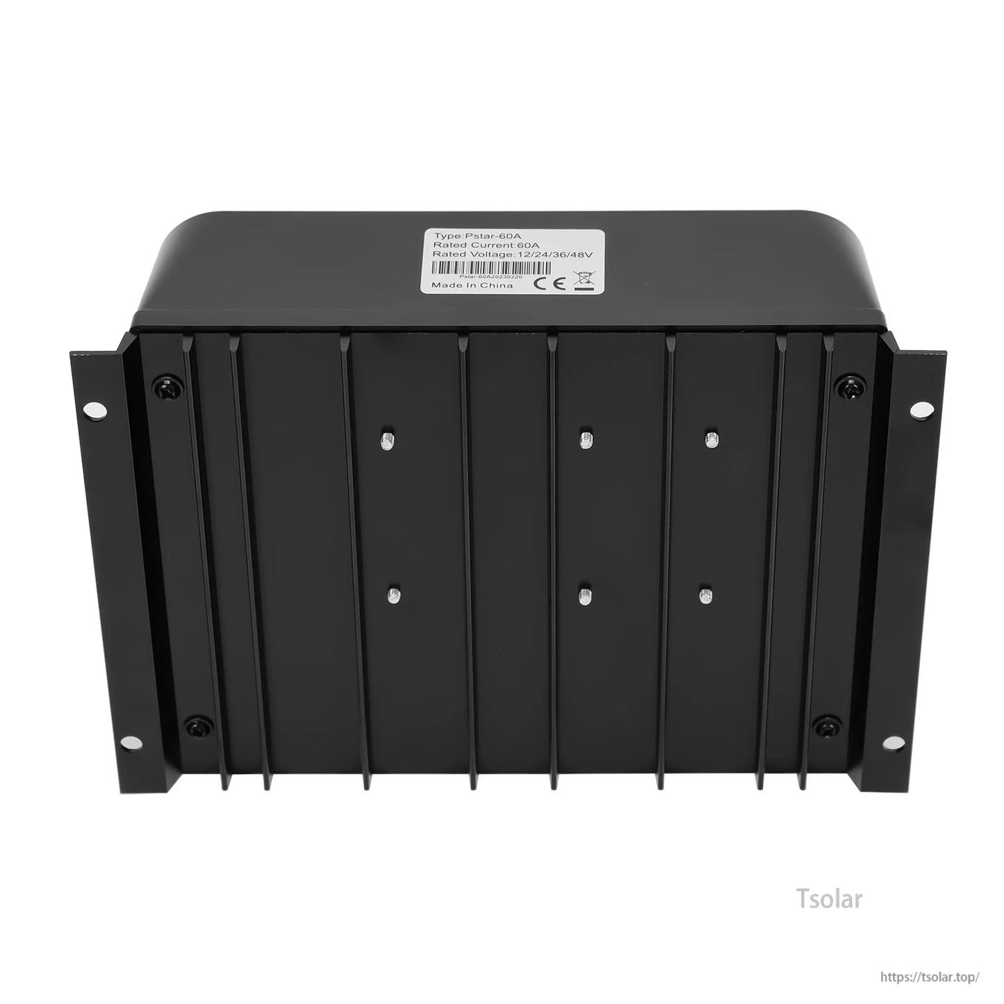 PowMr POW-PSTAR PWM Solar Charge Controller rear view with heat-sink fins and product specification label