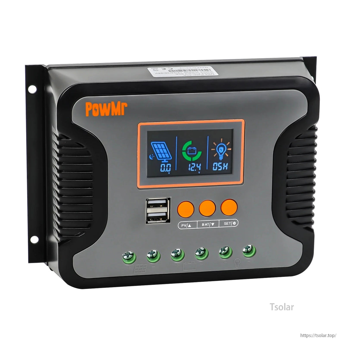 Angled view of PowMr solar charge controller showing LCD status icons, dual USB ports and three control buttons