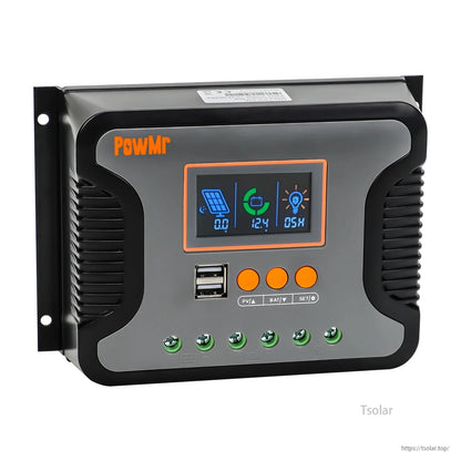 Angled view of PowMr solar charge controller showing LCD status icons, dual USB ports and three control buttons
