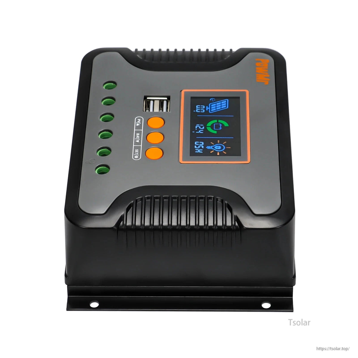 Top view of charge controller with vented black housing, LCD display and side terminal openings