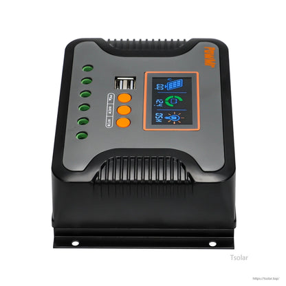 Top view of charge controller with vented black housing, LCD display and side terminal openings