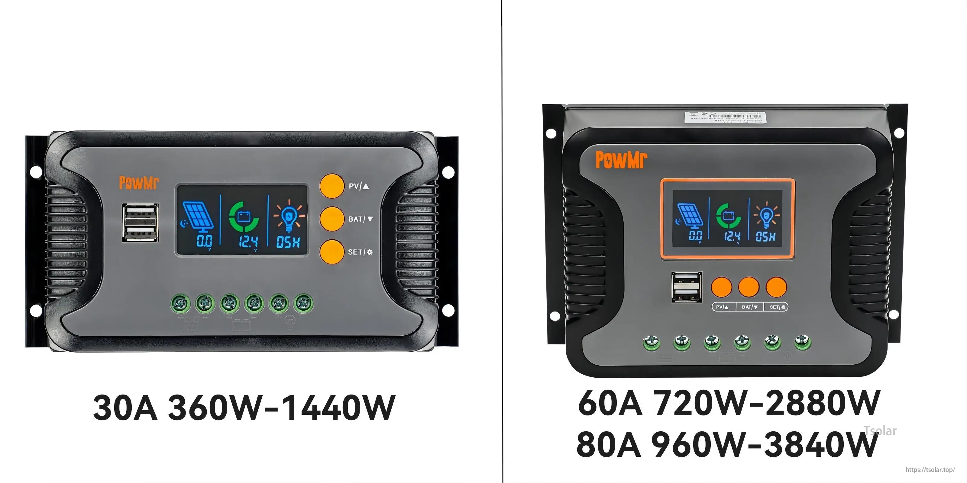 PowMr POW-PSTAR PWM Solar Charge Controller size comparison for 30A vs 60A/80A models with power ranges