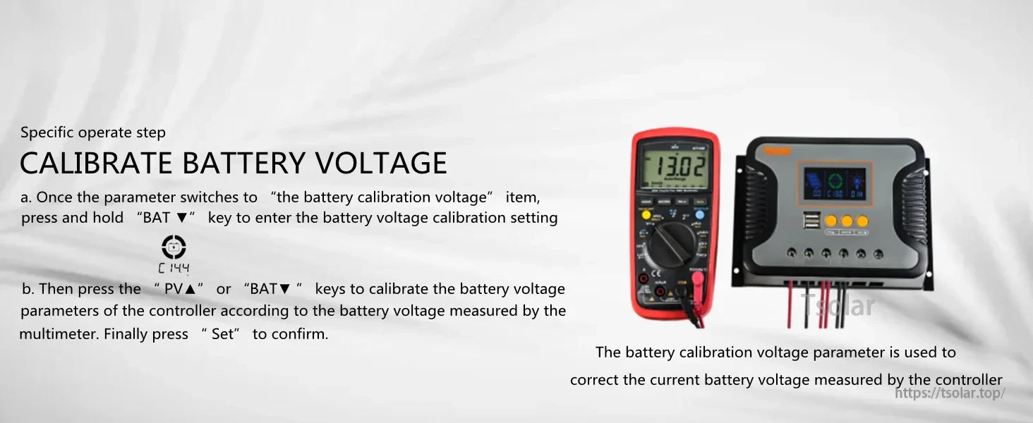 Battery voltage calibration instructions with multimeter next to controller for adjusting measured battery voltage